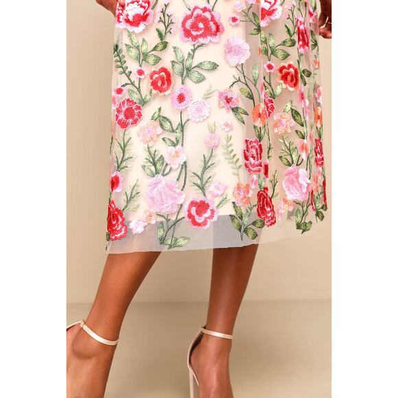 NWT Lulus Endless Praise Beige Floral Embroidered Strapless Midi Dress Size L - Picture 8 of 9